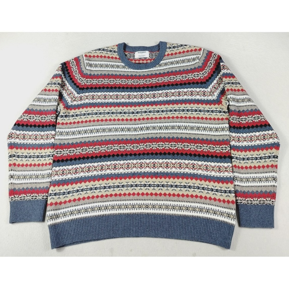 Old Navy Sweater Mens Large Multicolor Fair Isle Crewneck Knit Cabincore